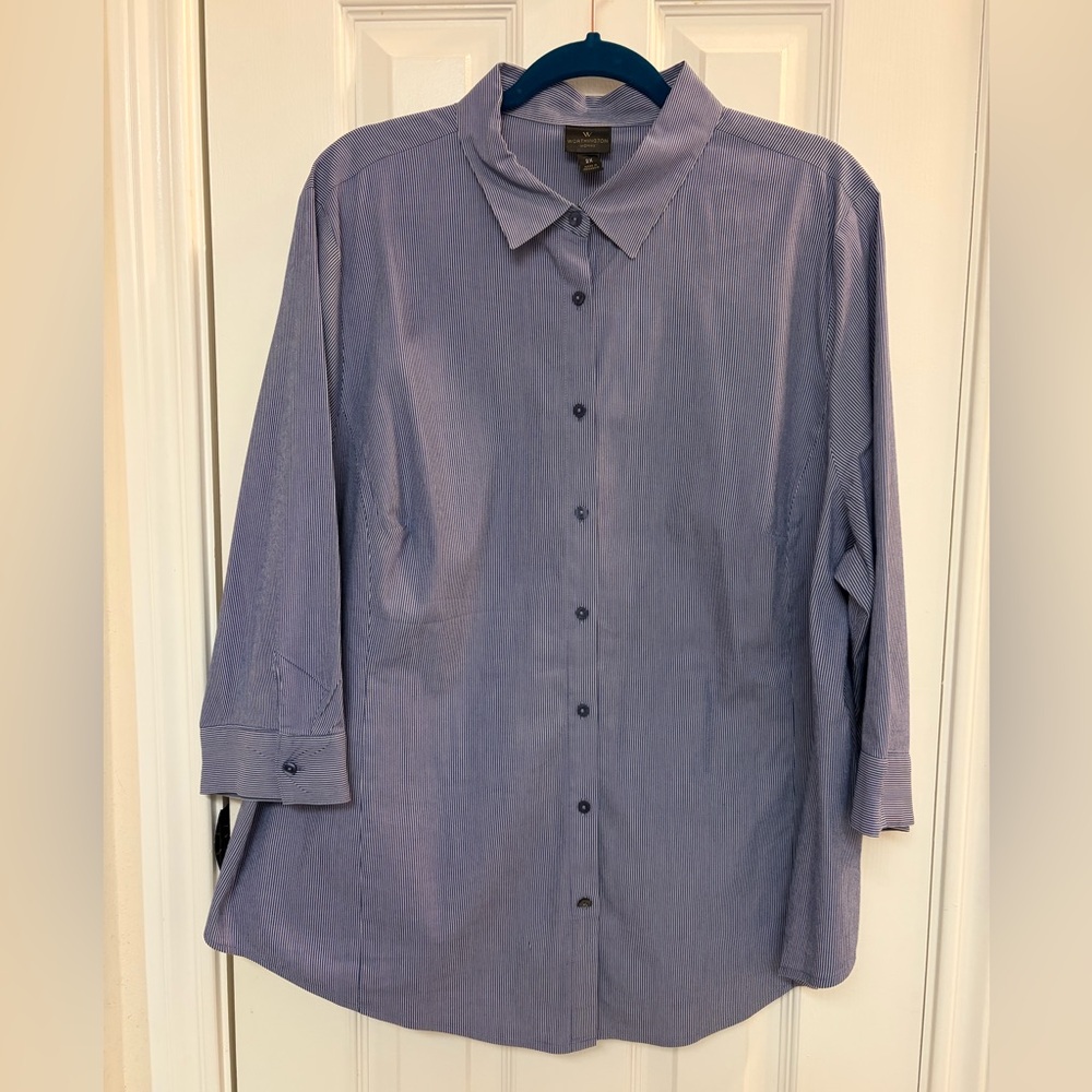 Worthington Women’s Blue and White Stripe Button-Up Shirt
